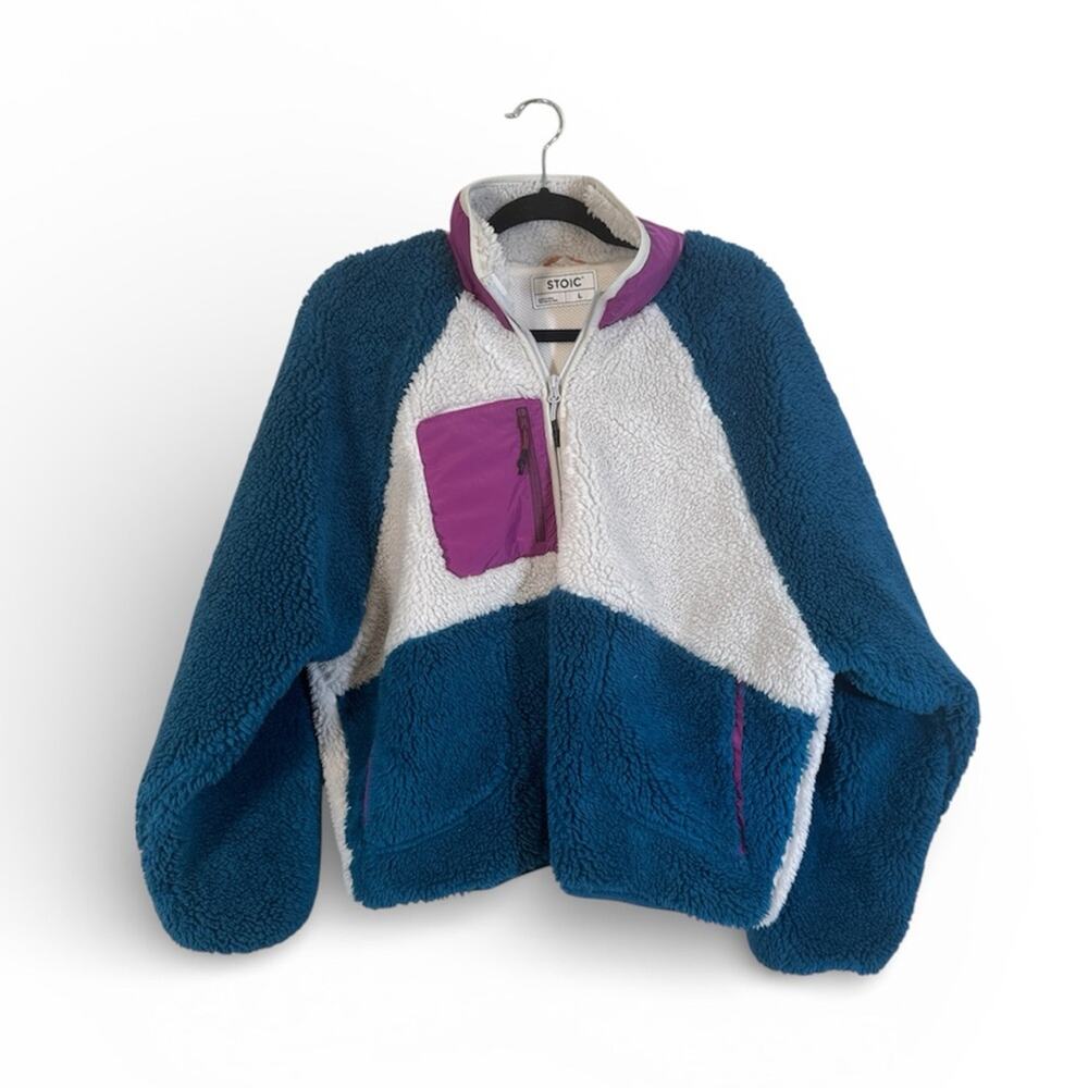 Stoic Teal Cream Colorblock High Pile Fleece Jacket Womens L Gorpcore Cozycore